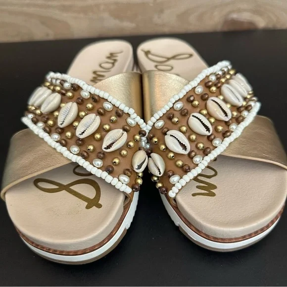 Sam Edelman Sandals Womens 7M Audrea Slide Slip On Shoes Shells Beads Platform - Picture 5 of 10